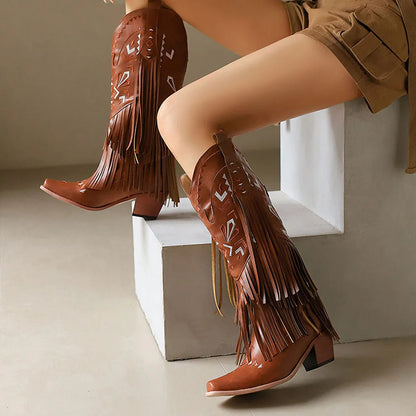 Retro Tassel Embroidered Cowgirl Mid-Calf Women Western Boots Pointed Toe Chunky High Heel