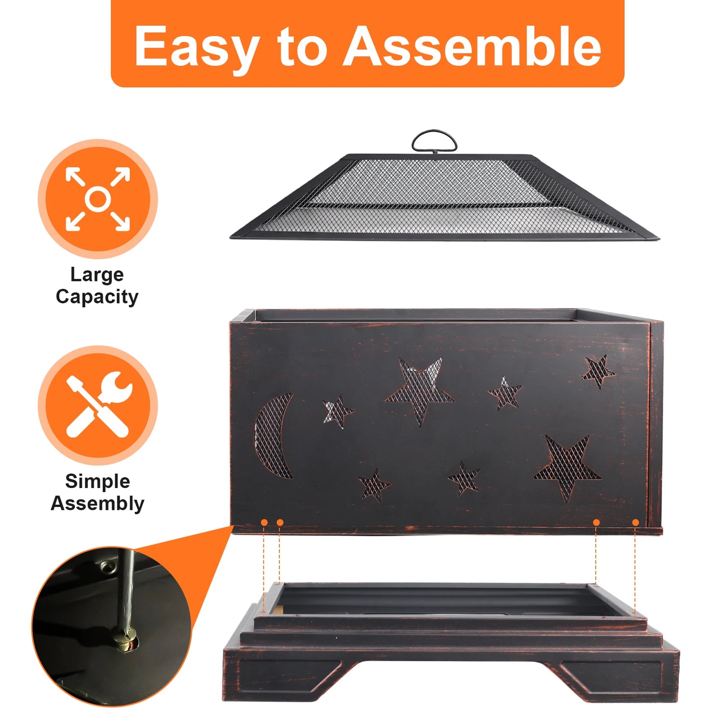 26 Inch Square Wood Burning Fire Pit with Cooking Grill for Outdoor BBQs