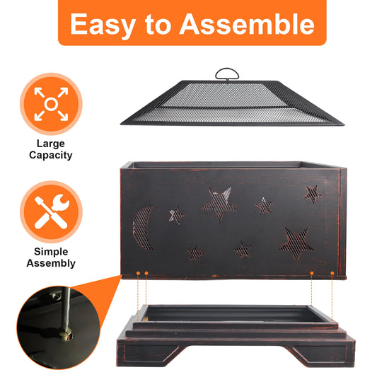 26 Inch Square Wood Burning Fire Pit with Cooking Grill for Outdoor BBQs