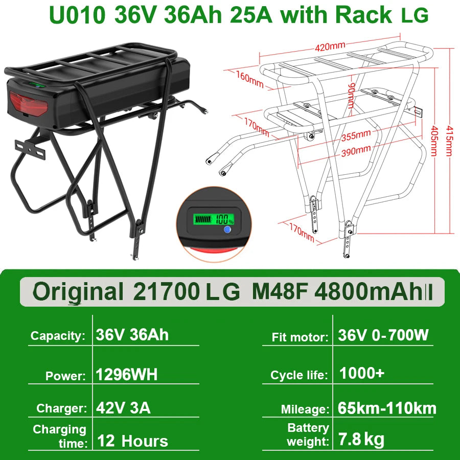Rear Rack eBike Battery 52V 48V 27Ah 72V 20Ah with Rack no Rack Optional for 1500W 1000W 750W 500W 24"-28 inch