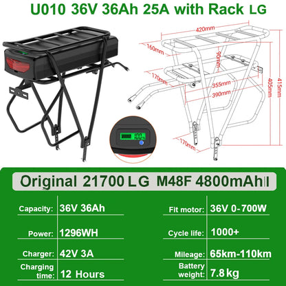 Rear Rack eBike Battery 52V 48V 27Ah 72V 20Ah with Rack no Rack Optional for 1500W 1000W 750W 500W 24"-28 inch