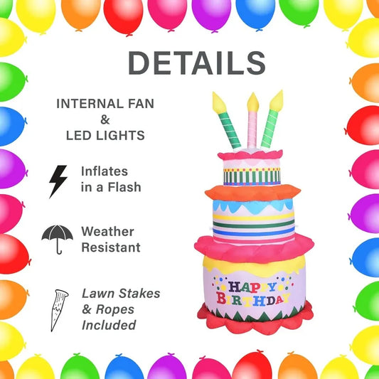 6-Ft. Inflatable Happy Birthday Cake With Lights, Outdoor Blow-Up Festive Celebration Party Decor With Blower,