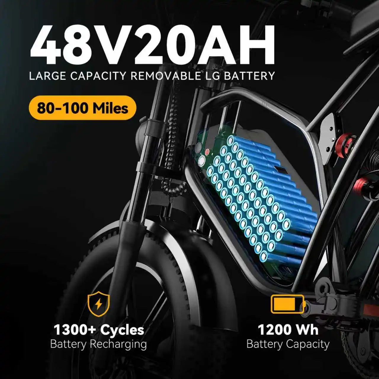 1000W Motor 20" Fat Tire 48V 20/30AH Battery Powered Electric 80Miles+ 30MPH Outdoor E-bike