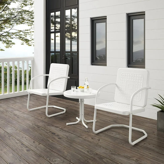 3-Piece Outdoor Bistro Set with Retro Metal Chairs and Side Table, White Gloss Finish