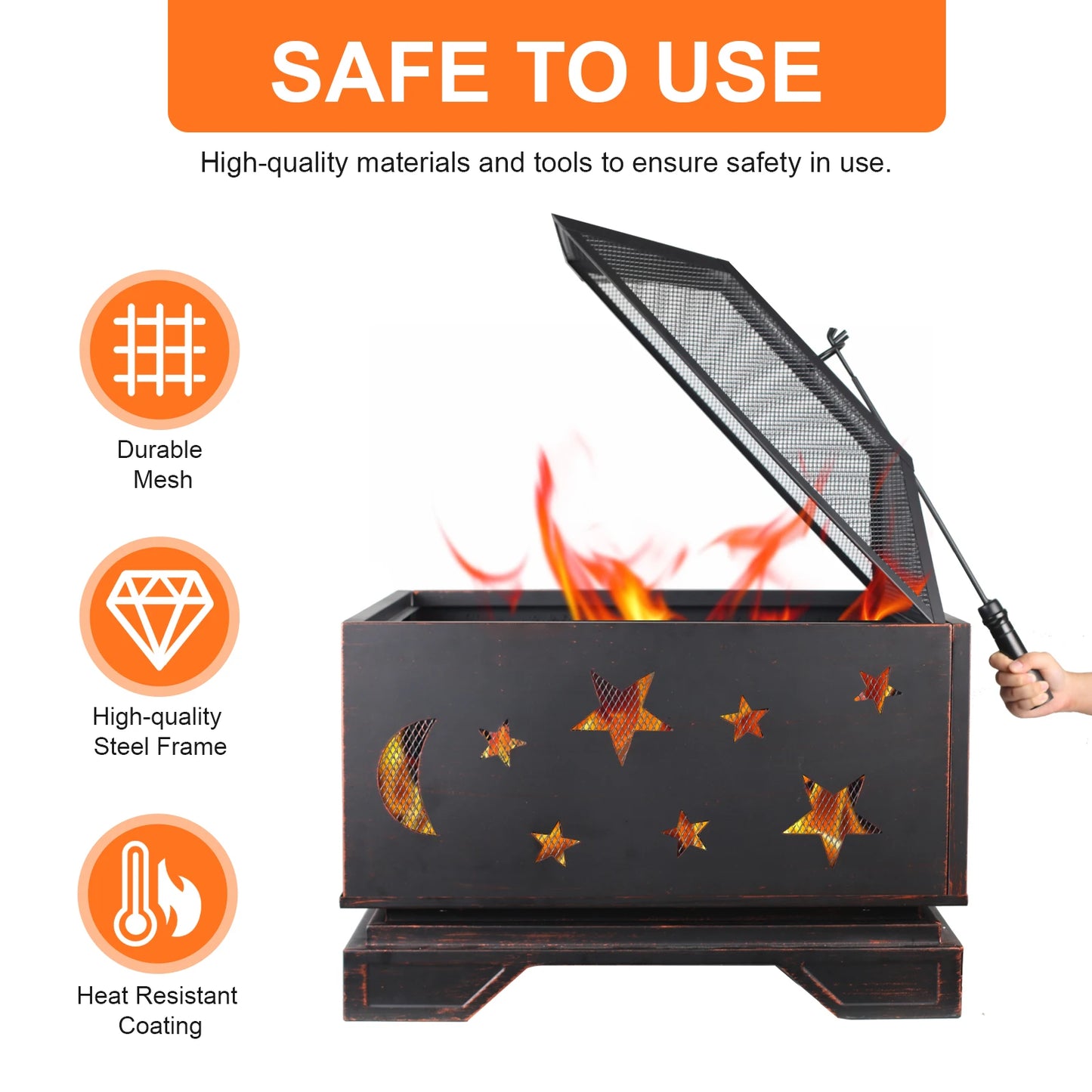 26 Inch Square Wood Burning Fire Pit with Cooking Grill for Outdoor BBQs