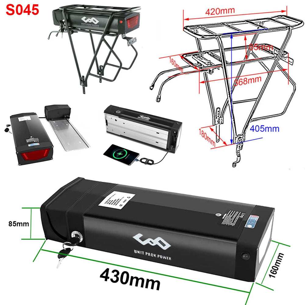 Rear Rack eBike Battery 52V 48V 27Ah 72V 20Ah with Rack no Rack Optional for 1500W 1000W 750W 500W 24"-28 inch
