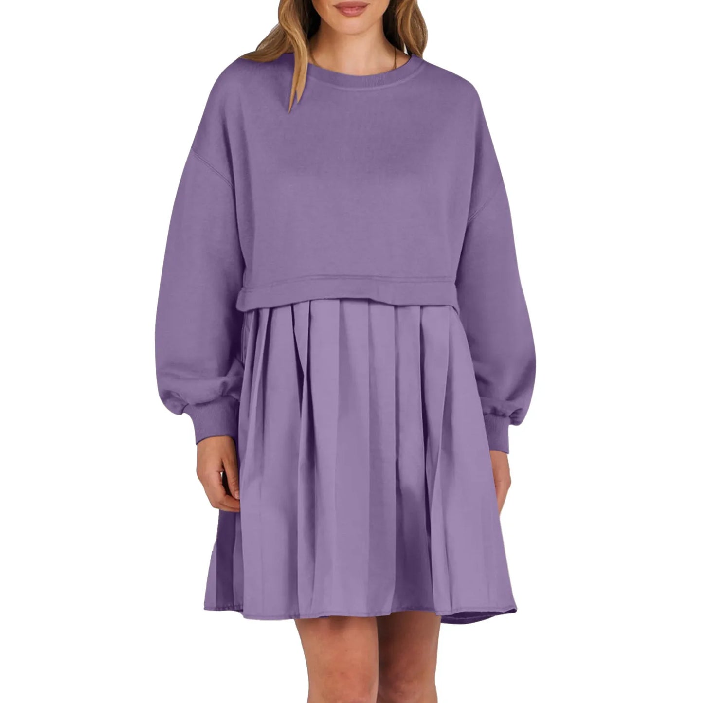 Women Sweatshirt Dress Long Sleeve Crewneck Pullover Loose Fit Tops Pleated Sweatshirts Dresses