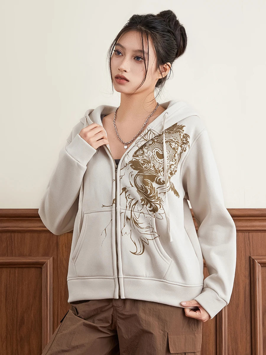 Women Hoodie Vintage Long Sleeve Graphic Print Zipper Closure Sweatshirt with Pockets