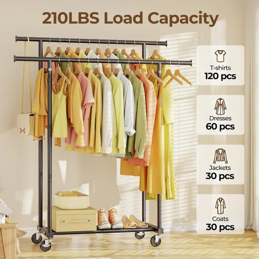 Double Rods Clothes Rack, Rolling  for Hanging Clothes Portable  Metal Garment Rack