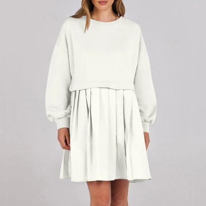 Women Sweatshirt Dress Long Sleeve Crewneck Pullover Loose Fit Tops Pleated Sweatshirts Dresses