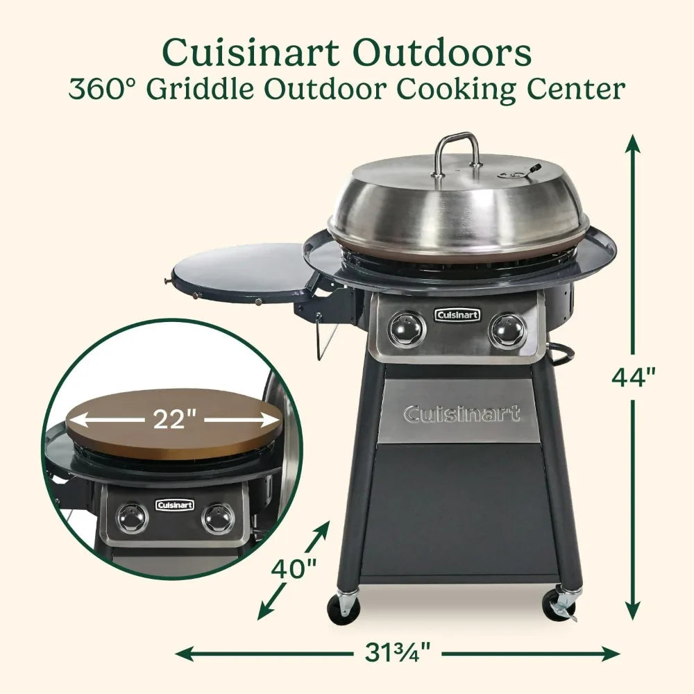 Cuisinart 360-Degree Griddle Outdoor Cooking Center, 22-Inch Round Flat Top Grill with Stainless Steel Vented Cover.