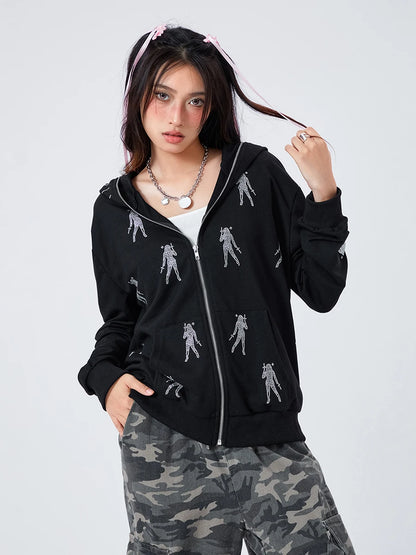 Women s Hoodie Coat Rhinestone Print Long Sleeve Zipper Sweatshirt