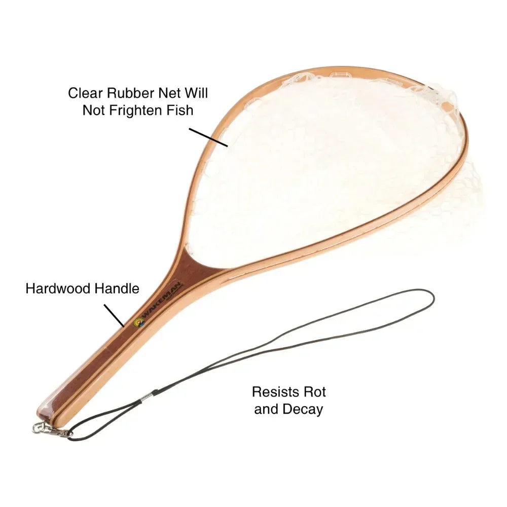 Landing fish net - fly fishing equipment transparent rubber net and wooden handle fishing tool for catch and release