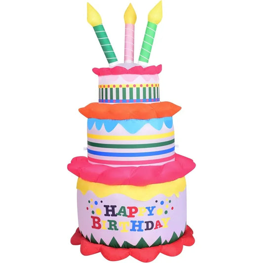 6-Ft. Inflatable Happy Birthday Cake With Lights, Outdoor Blow-Up Festive Celebration Party Decor With Blower,