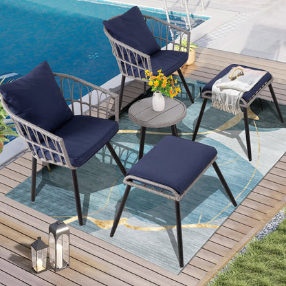 5 Piece Patio Furniture Set, Outdoor Wicker All-Weather PE Rattan Chairs with Ottoman & table