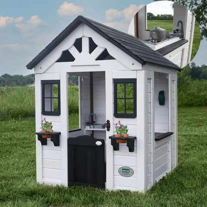 All Cedar White Outdoor Wooden Playhouse, Sink, Stove, Windows, Kitchen with Pot and Pans