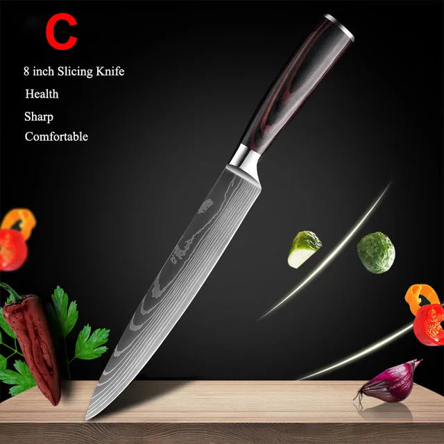 Kitchen Knives Set Laser Damascus Pattern Chef Knife Sharp Cleaver Slicing Utility Knives Tools