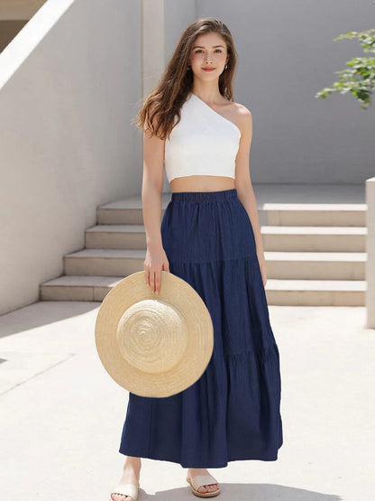 Ladies Denim Skirts with Elastic Waistband in Solid Color Long Length Summer Fashion Casual Jeans Skirt for Streetwear Style