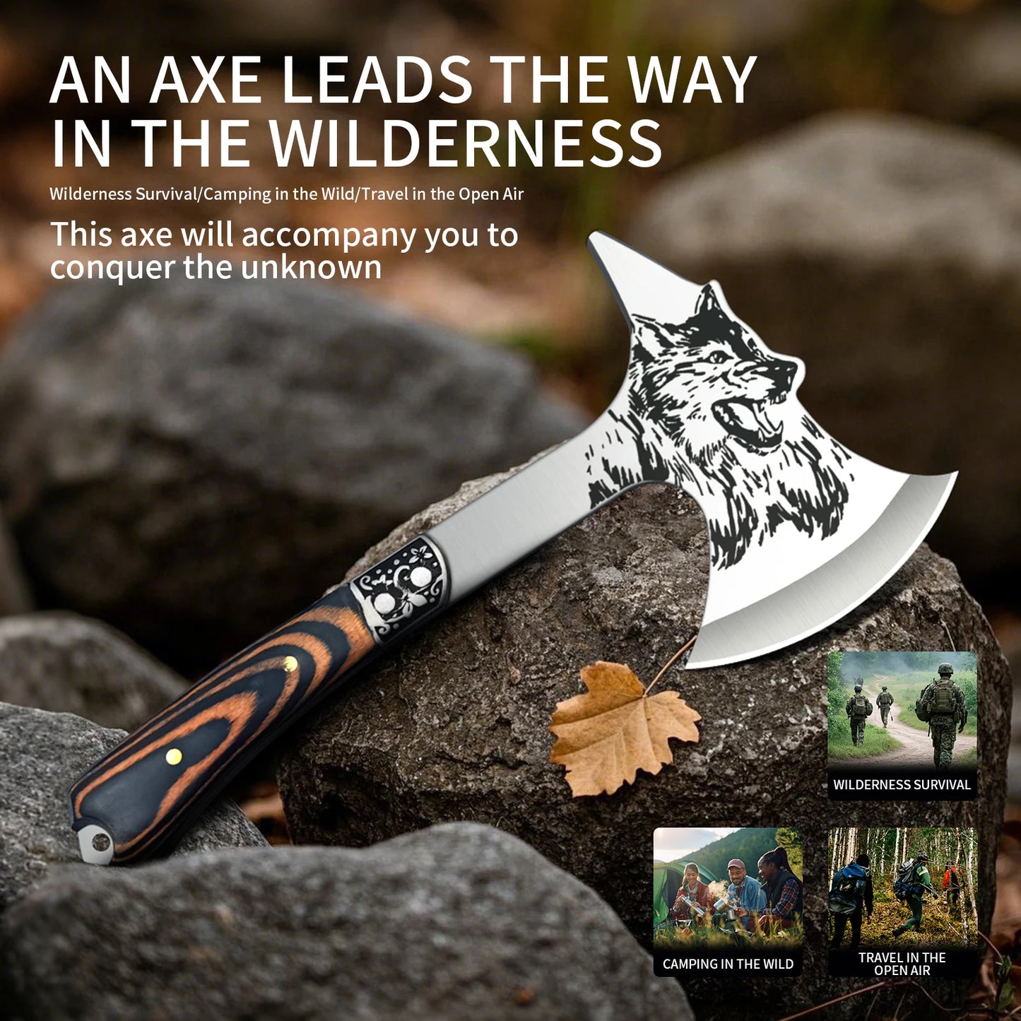 Stainless Steel Survival Axe Multi-function Outdoor Camping Tactical Wolf-head Axe Hunting Tools Portable