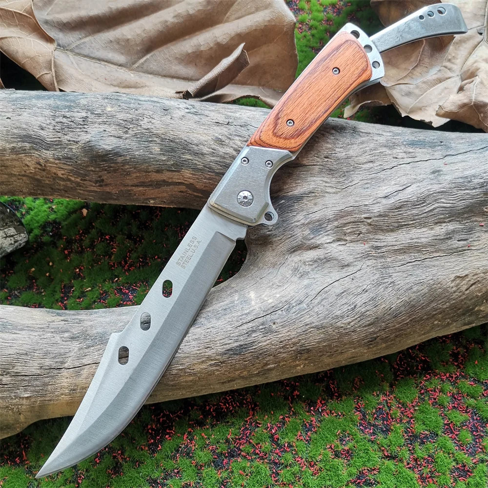 Compact 8CR15MOV Folding Knife with Wood Handle: Outdoor Survival Knife for Hunting, Camping & Everyday Carry (EDC)