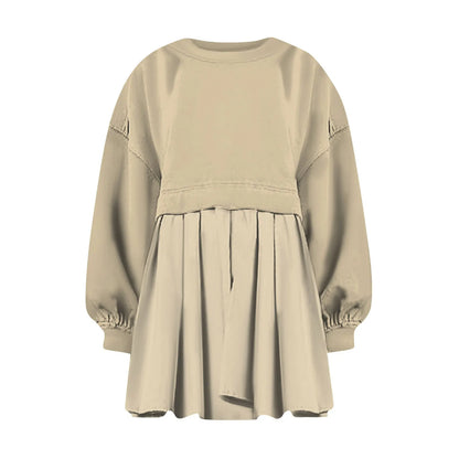 Women Sweatshirt Dress Long Sleeve Crewneck Pullover Loose Fit Tops Pleated Sweatshirts Dresses