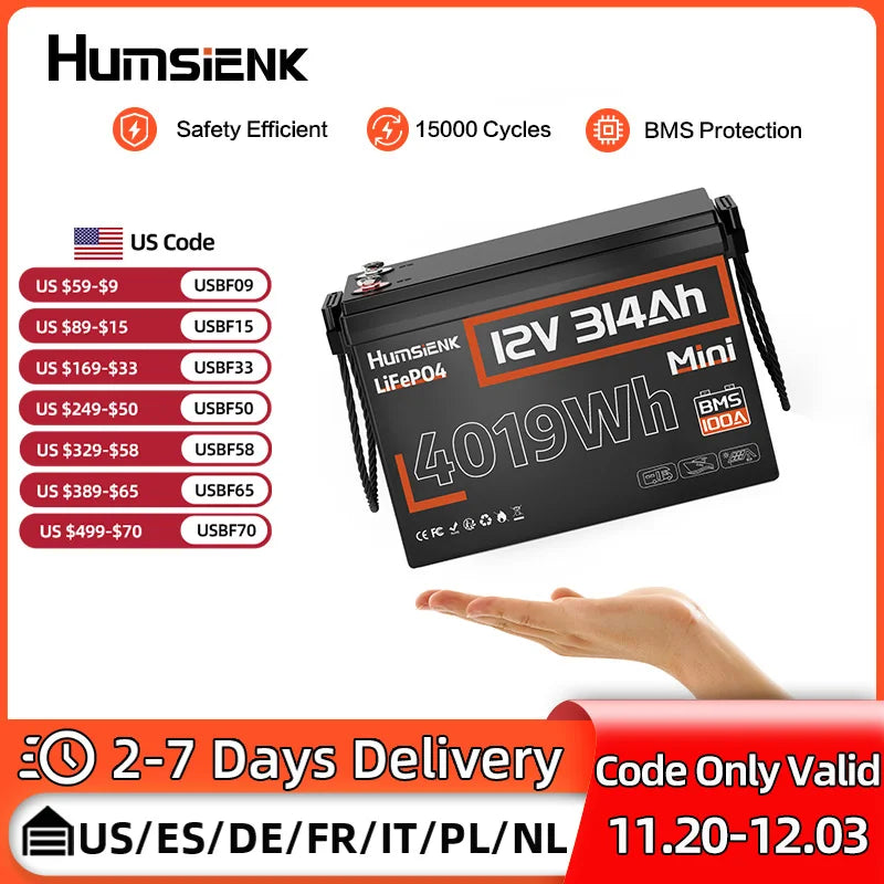 Lithium Iron Phosphate Battery 12V 314Ah With 100A BMS For RV/ Vans/ Golf Cart/ Camping/ Marine/  Boats/ Fishing