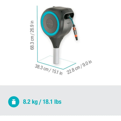 "50-foot 1/2-inch retractable garden hose reel with metal stake for outdoor use and easy swivel for convenient watering"