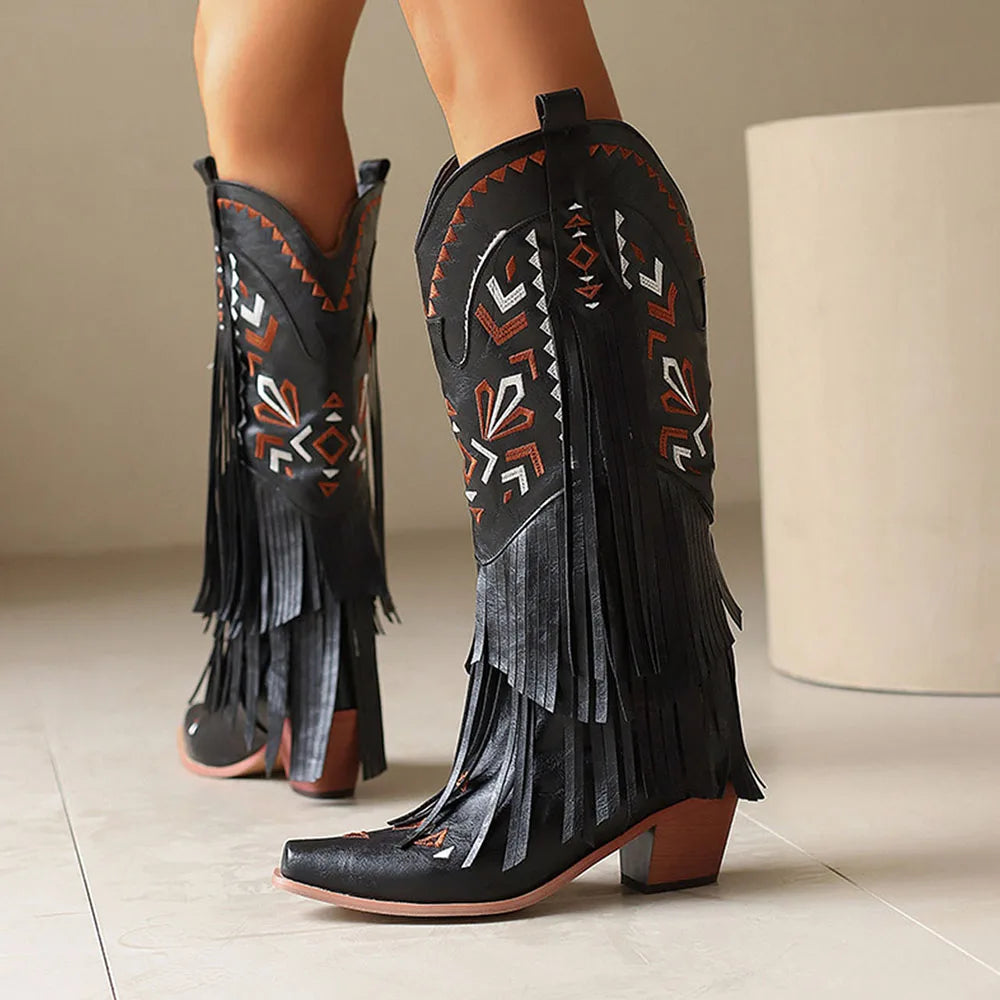Retro Tassel Embroidered Cowgirl Mid-Calf Women Western Boots Pointed Toe Chunky High Heel