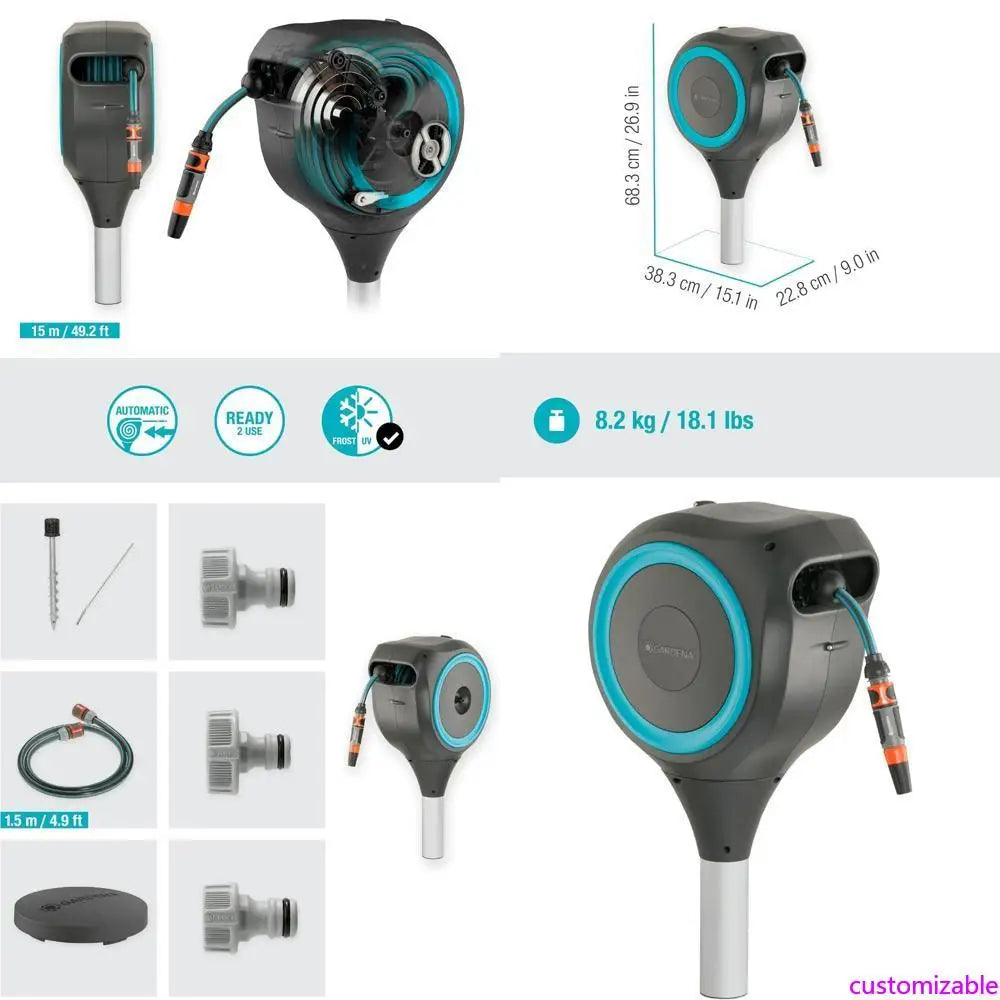 "50-foot 1/2-inch retractable garden hose reel with metal stake for outdoor use and easy swivel for convenient watering"