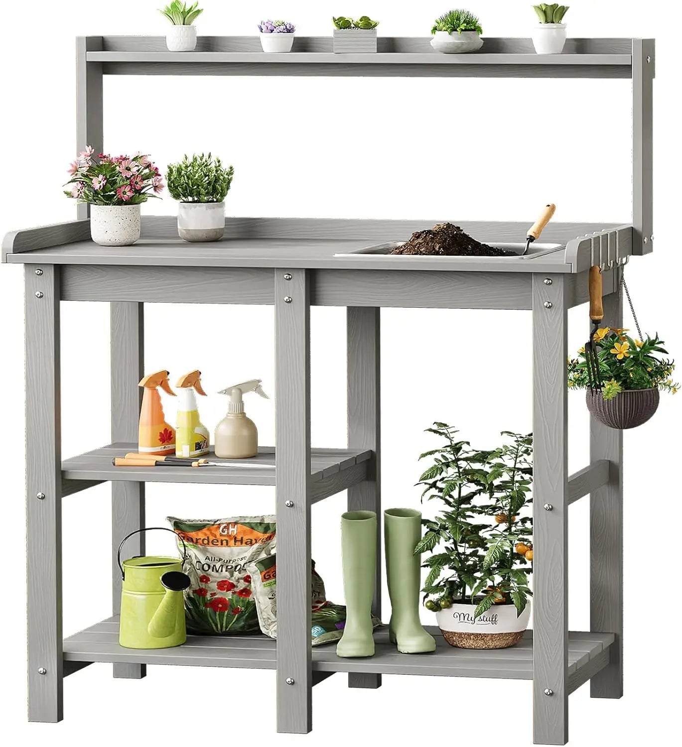 Potting Bench, Outdoor  Table with Removable Sink, with Storage Shelves 360lbs Capacity