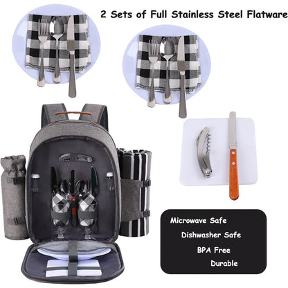 Picnic Backpack Set for 2 Person with Cooler Compartment, Detachable Bottle/Wine Holder, Fleece Blanket, Plates