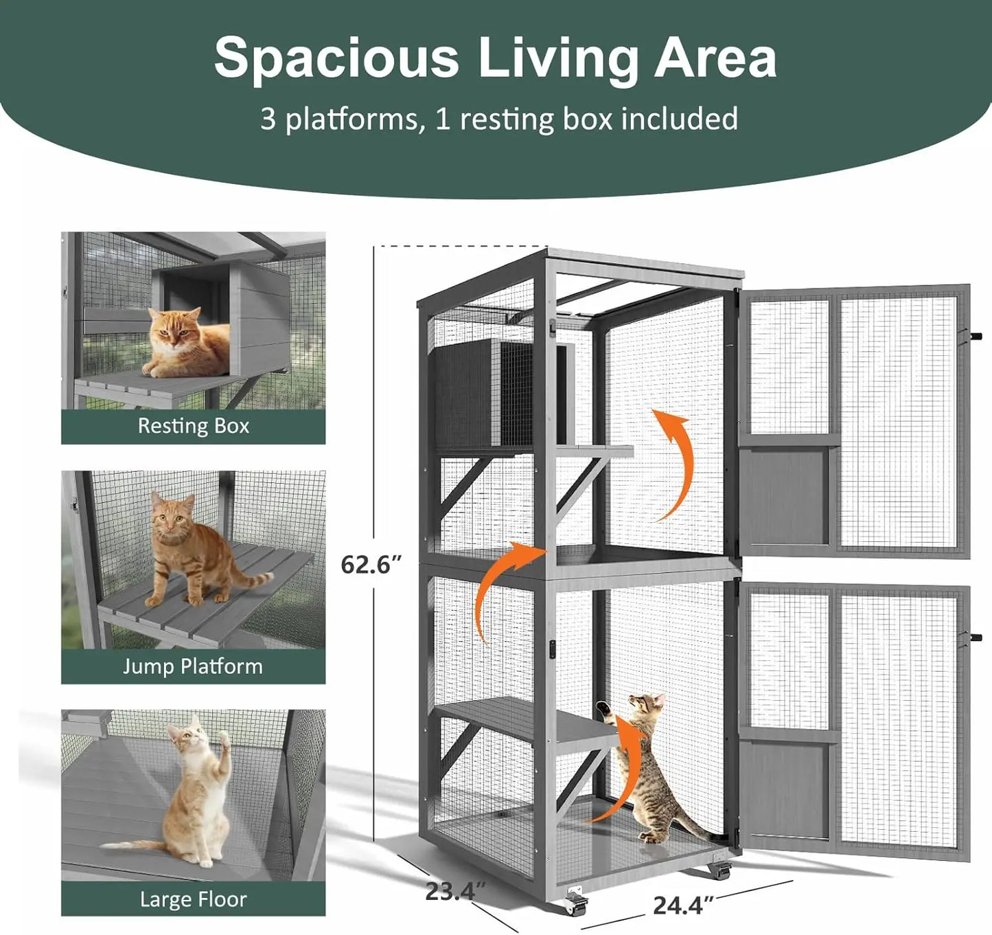 Cat  Outdoor Enclosure, 4 Tiers with Wheels, Resting Box, Waterproof Roof, Large Pet House