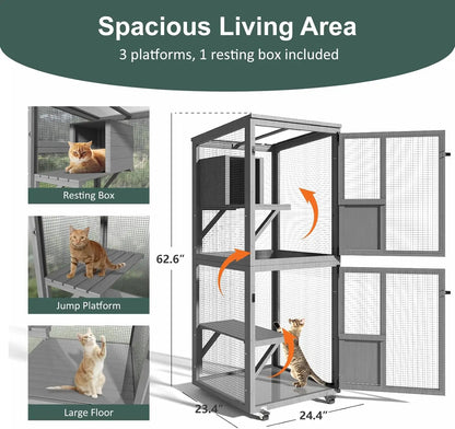 Cat  Outdoor Enclosure, 4 Tiers with Wheels, Resting Box, Waterproof Roof, Large Pet House