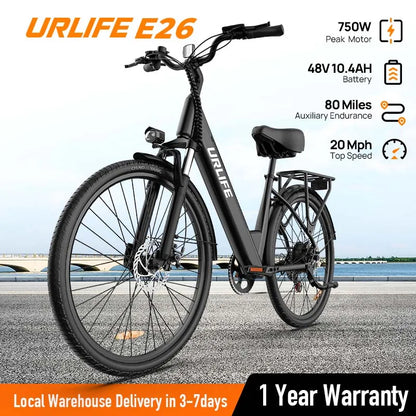 750W E26 Electric Bike for Adults | 48V 10.4Ah Removable Battery, Top Speed 20MPH, 26''X2" Standard Tire, 7-Speeds