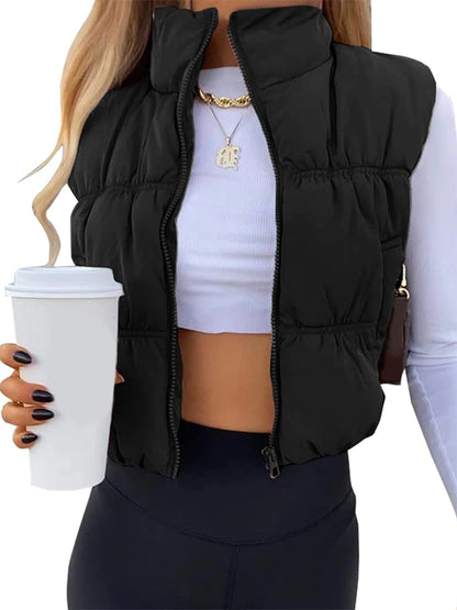 Women s Winter Quilted Waistcoat Solid Color Lightweight Zip Stand Collar Winter Vest Sleeveless Jacket