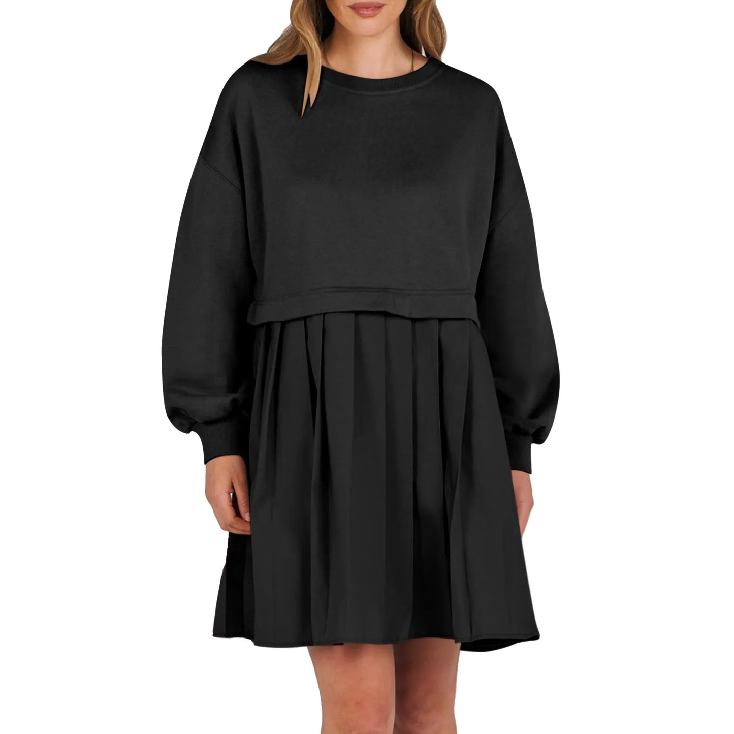 Women Sweatshirt Dress Long Sleeve Crewneck Pullover Loose Fit Tops Pleated Sweatshirts Dresses