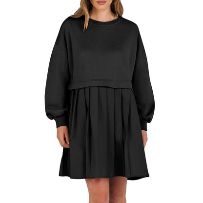 Women Sweatshirt Dress Long Sleeve Crewneck Pullover Loose Fit Tops Pleated Sweatshirts Dresses