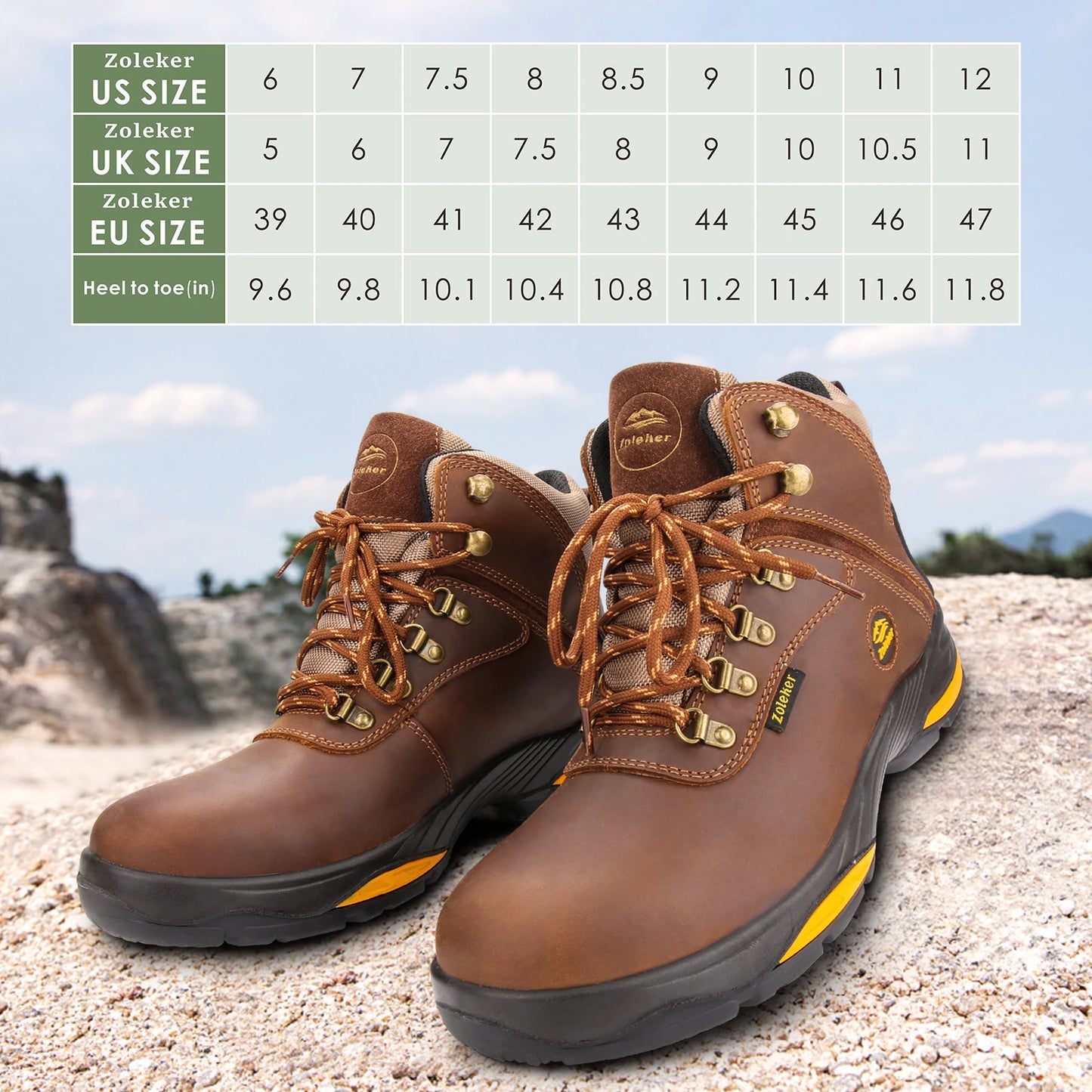 Hike Boots for Men, Soft Toe, Slip Resistant Safety Shoes, Waterproof Anti-Fatigue Brown