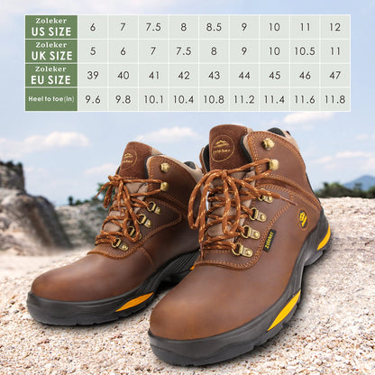 Hike Boots for Men, Soft Toe, Slip Resistant Safety Shoes, Waterproof Anti-Fatigue Brown