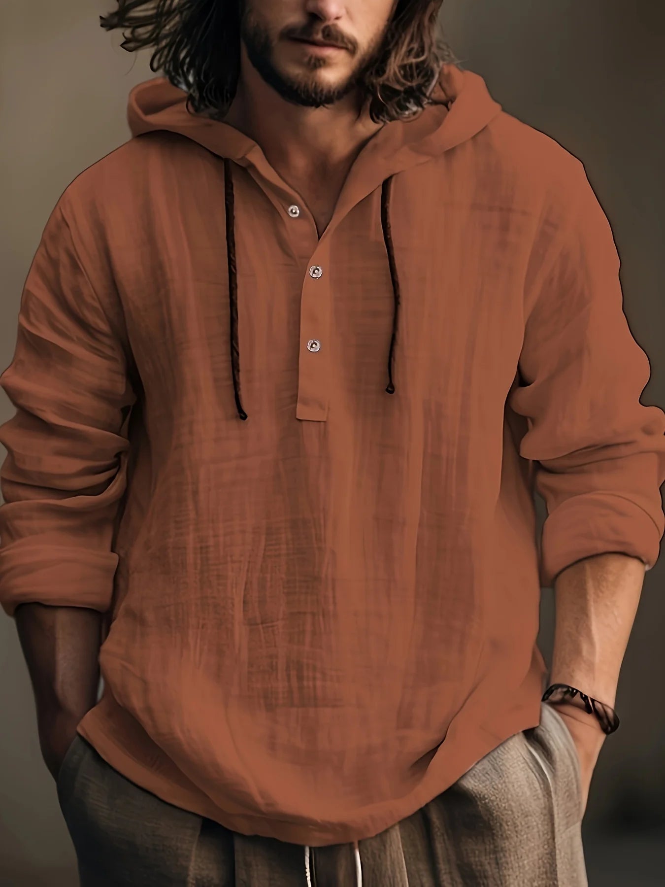 Men's cotton and linen shirt with hooded sweatshirt long sleeve casual and comfortable daily wear
