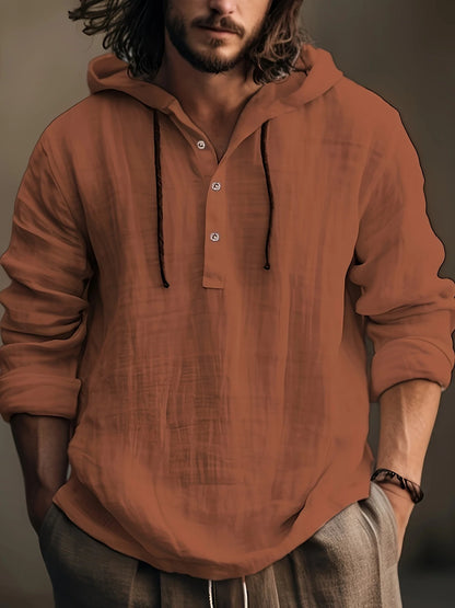 Men's cotton and linen shirt with hooded sweatshirt long sleeve casual and comfortable daily wear