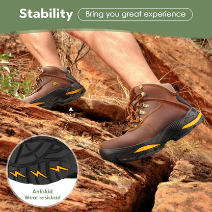 Hike Boots for Men, Soft Toe, Slip Resistant Safety Shoes, Waterproof Anti-Fatigue Brown