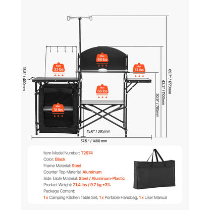 Kitchen Table Folding  Aluminum Portable Cook Station with Cupboard, Carrying Bag Windscreen
