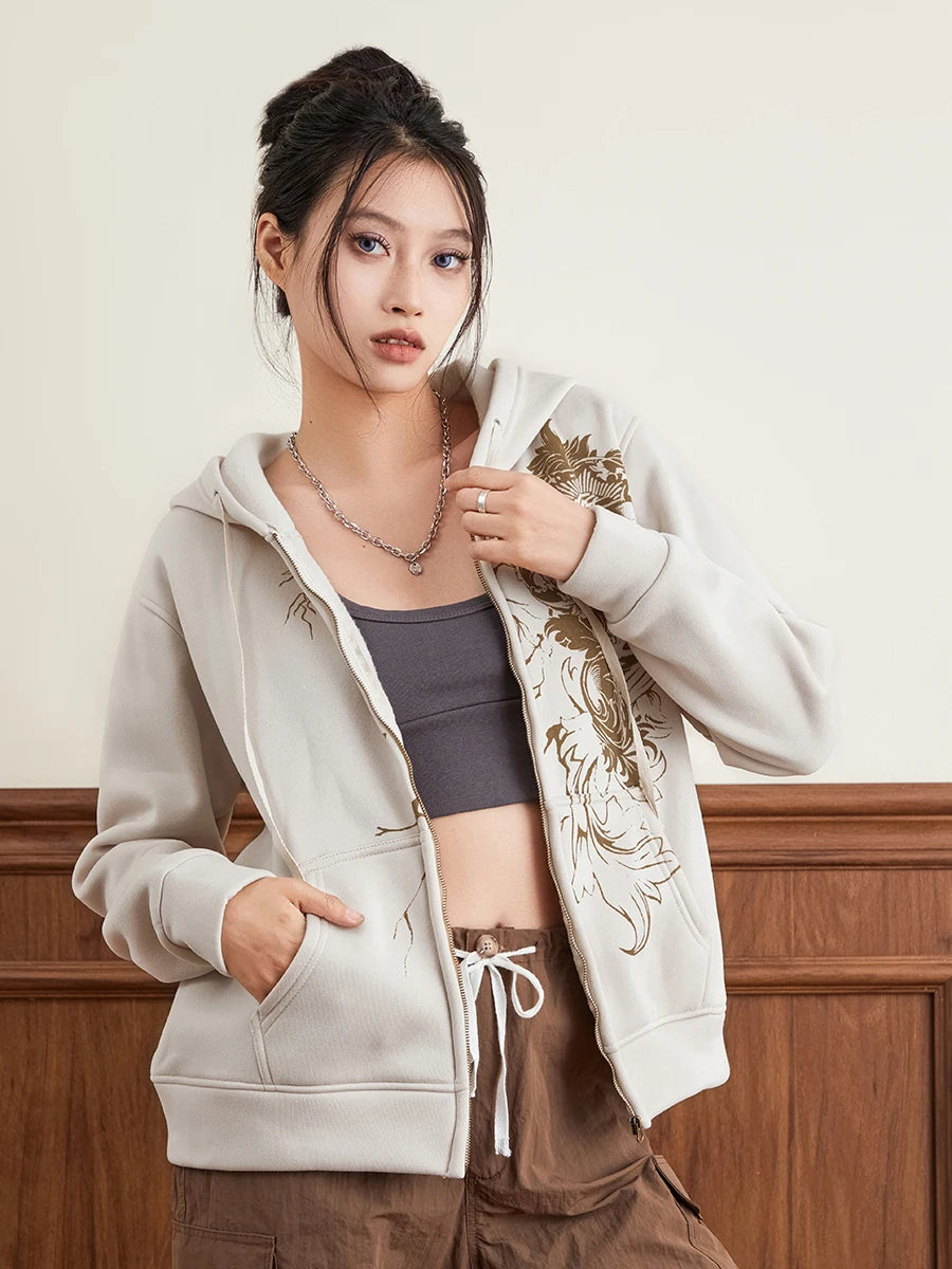 Women Hoodie Vintage Long Sleeve Graphic Print Zipper Closure Sweatshirt with Pockets