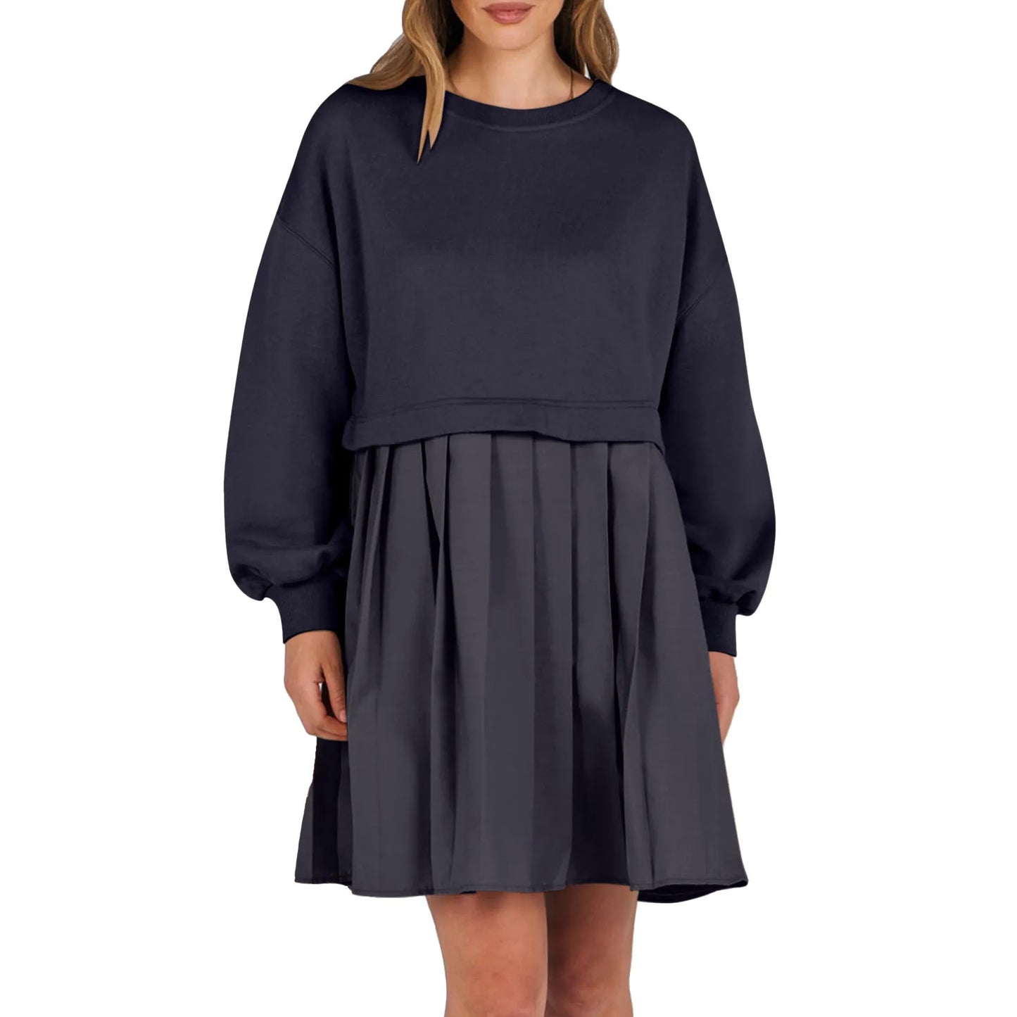 Women Sweatshirt Dress Long Sleeve Crewneck Pullover Loose Fit Tops Pleated Sweatshirts Dresses