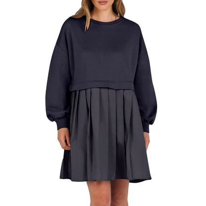 Women Sweatshirt Dress Long Sleeve Crewneck Pullover Loose Fit Tops Pleated Sweatshirts Dresses