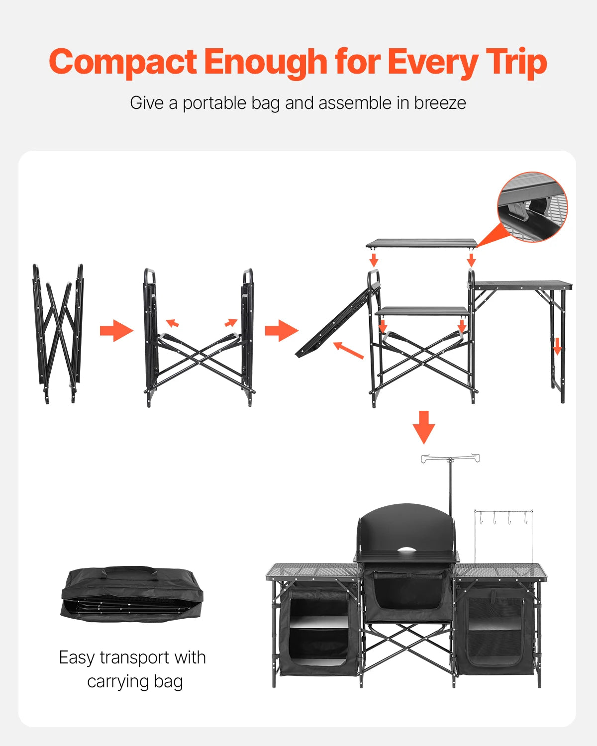 Aluminum Portable Cook Station with 3 Storage Cupboard Carrying Bag Quick Set-up for BBQ Picnic