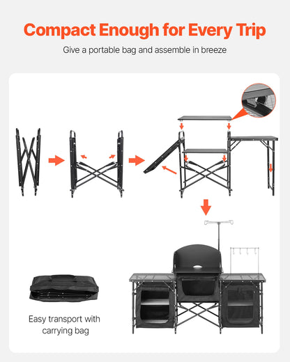 Aluminum Portable Cook Station with 3 Storage Cupboard Carrying Bag Quick Set-up for BBQ Picnic