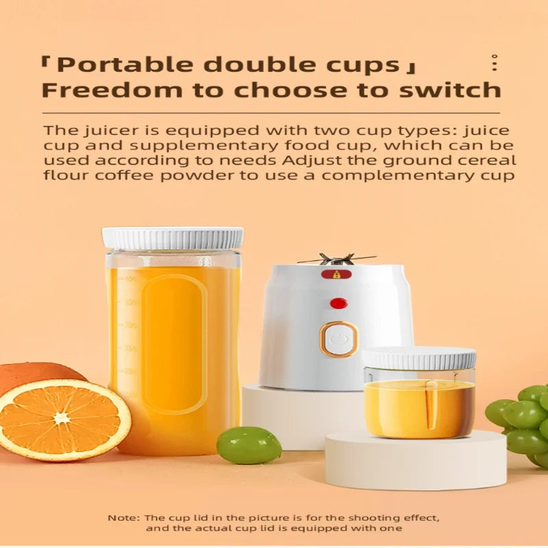Portable USB Rechargeable Juicer with Dual Cups - Compact, Lightweight Design for Fresh Juice Anywhere - Perfect for Travel, Gym