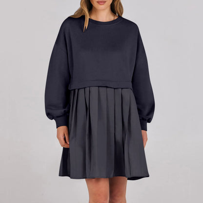 Women Sweatshirt Dress Long Sleeve Crewneck Pullover Loose Fit Tops Pleated Sweatshirts Dresses